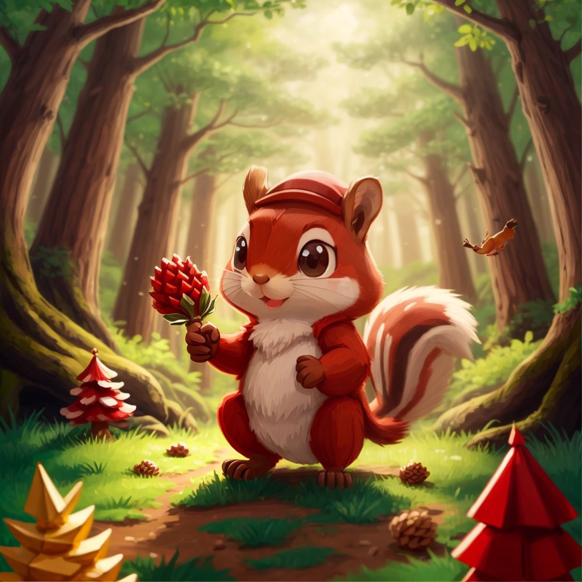 Squirrel holding the pinecone, surrounded by cheering forest animals