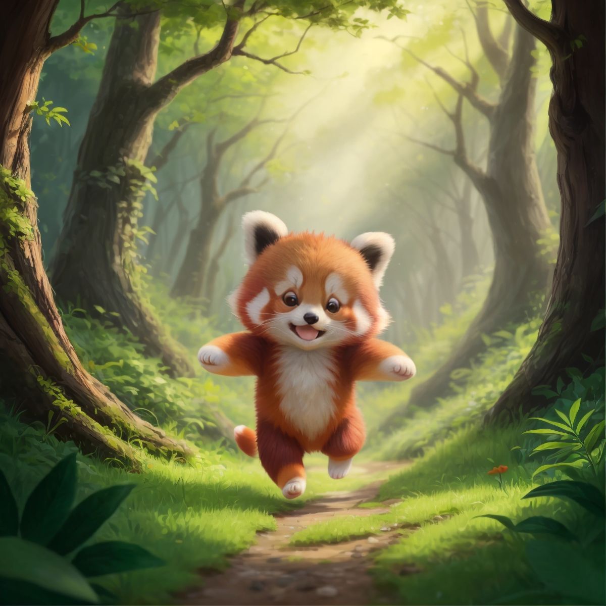 Red Panda running towards his parents