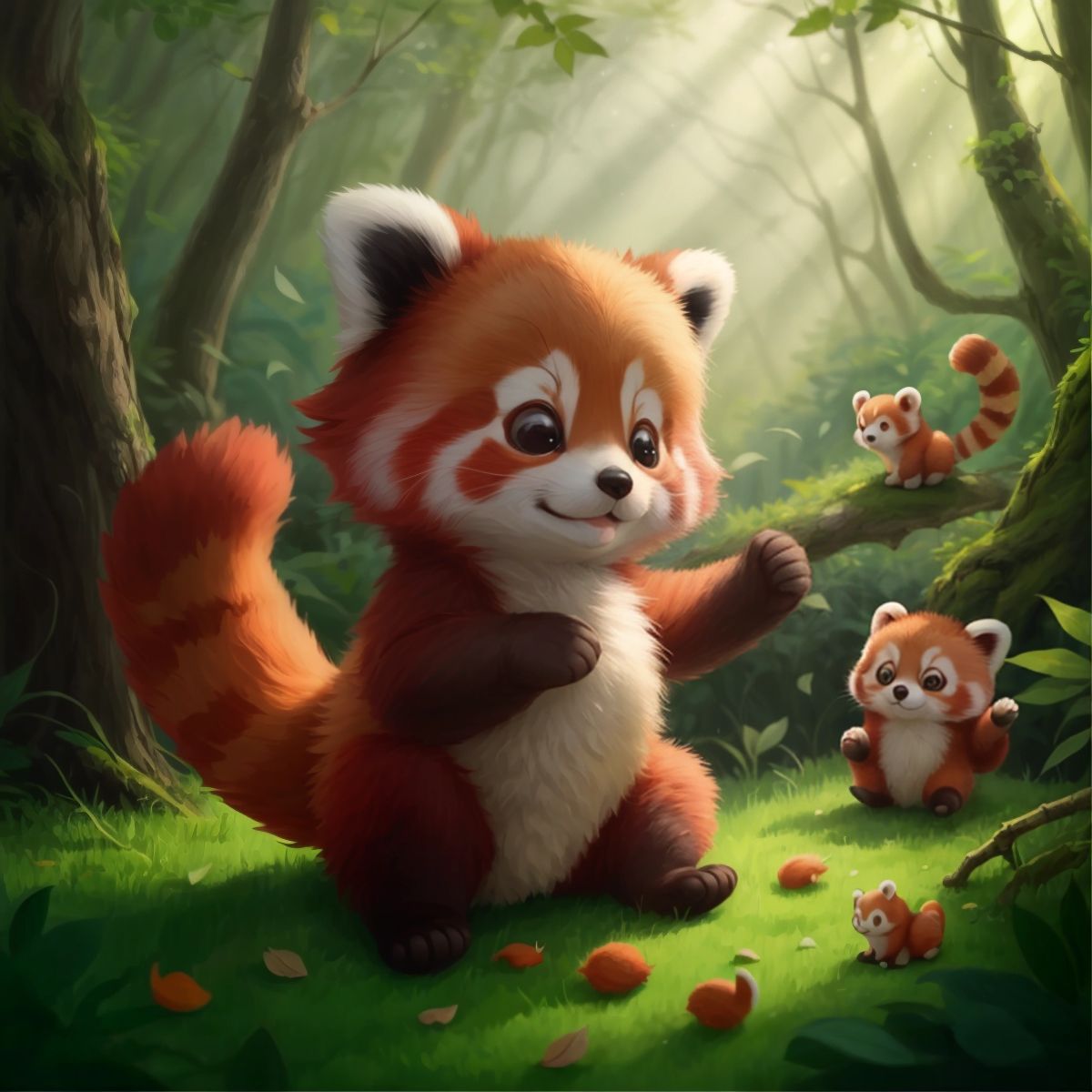 Red Panda playing with his forest friends