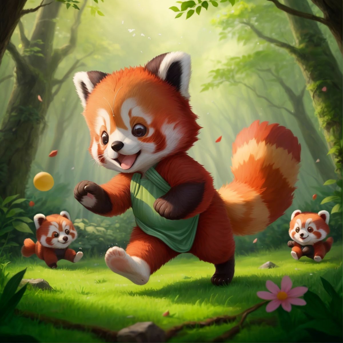 Red Panda playing tag with his new friends