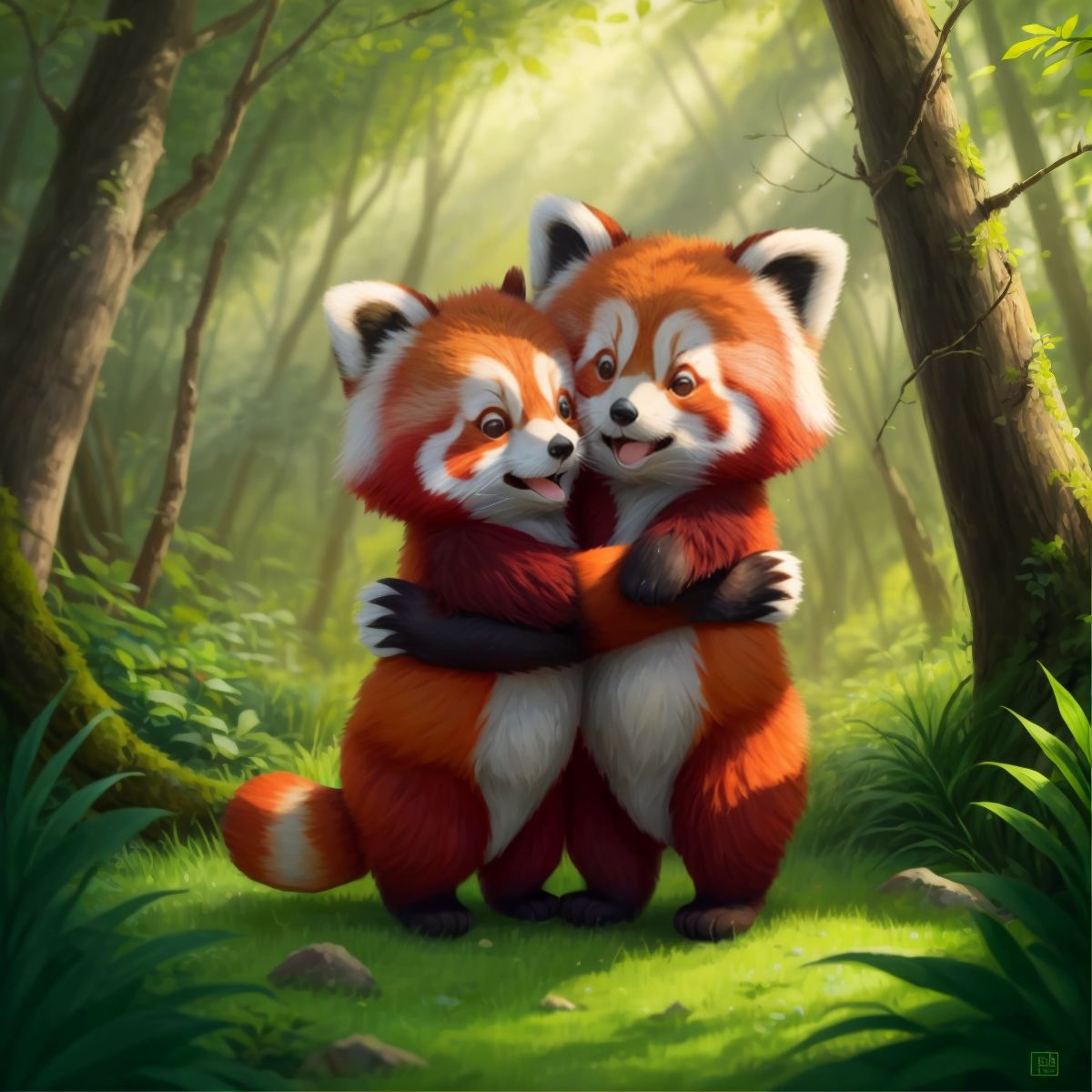 Red Panda's parents hugging him