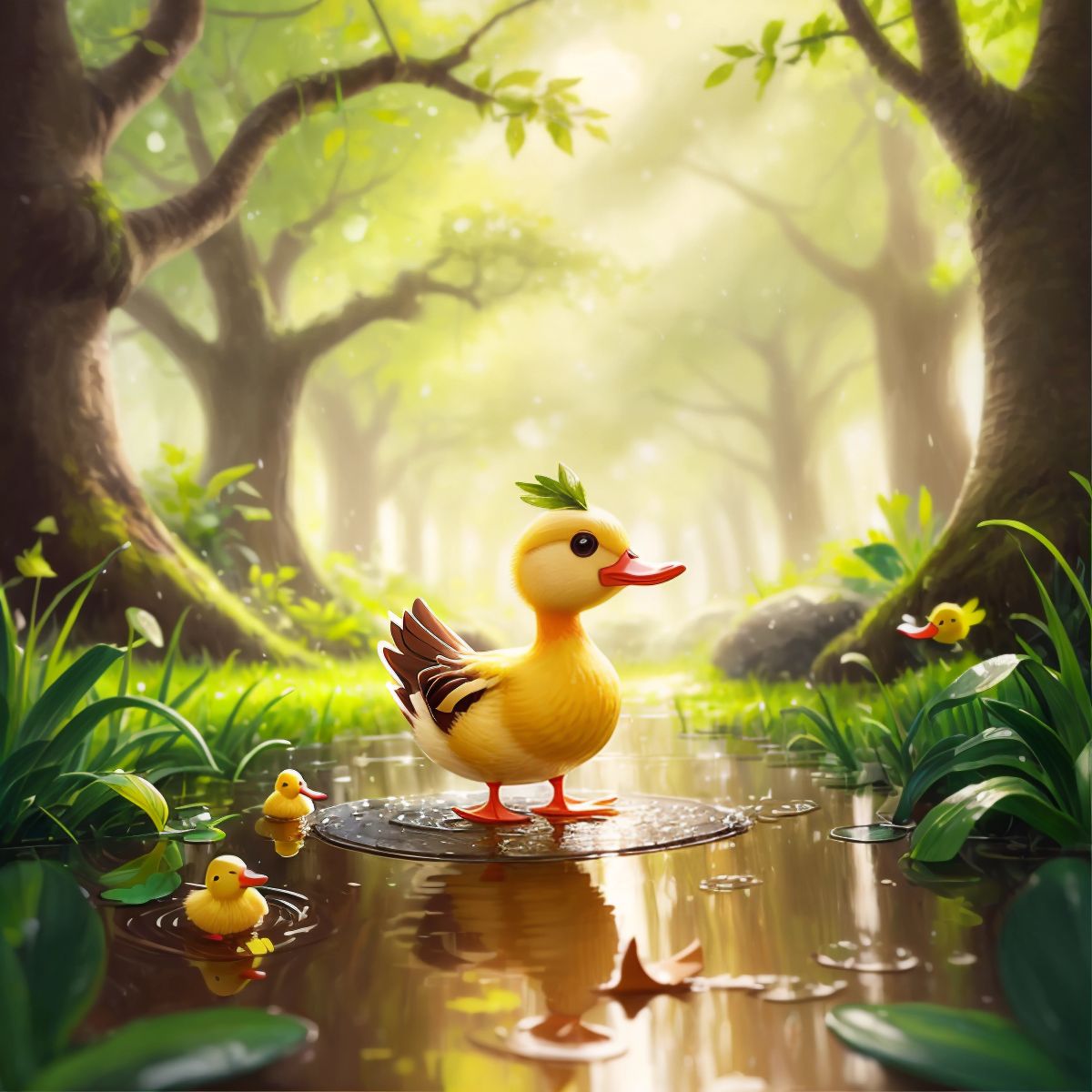 Little duckling splashing in a puddle