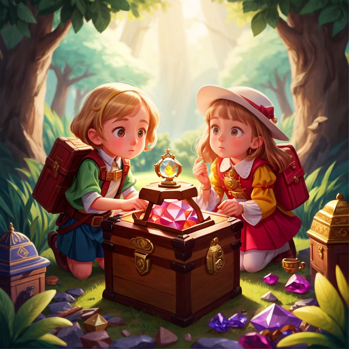 Emma, Finn, and Nala admiring a treasure chest