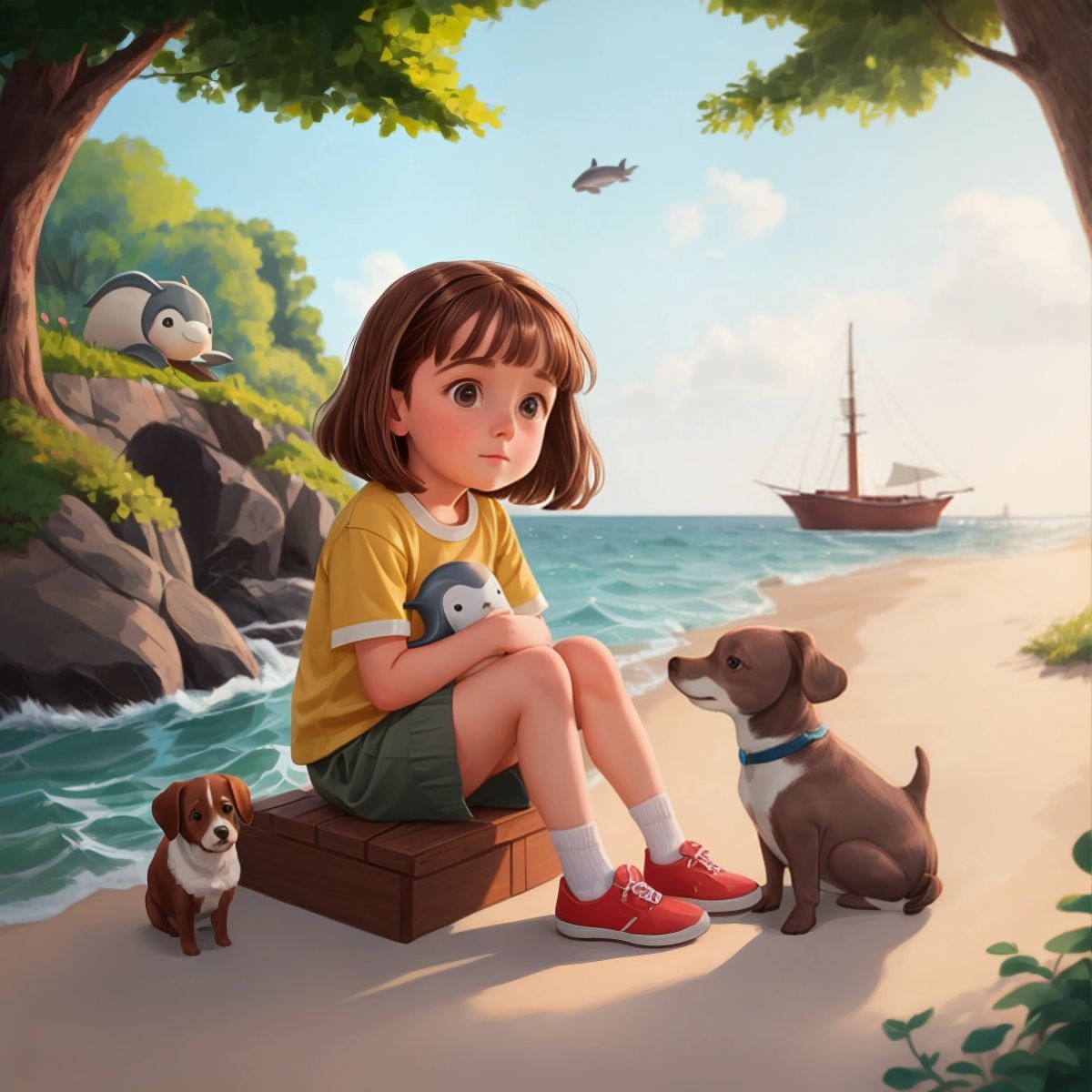 Emma, Finn, and Nala sitting by the shore