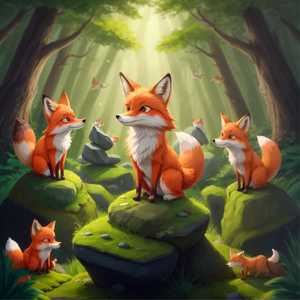 Fox standing on a rock with other animals bowing down