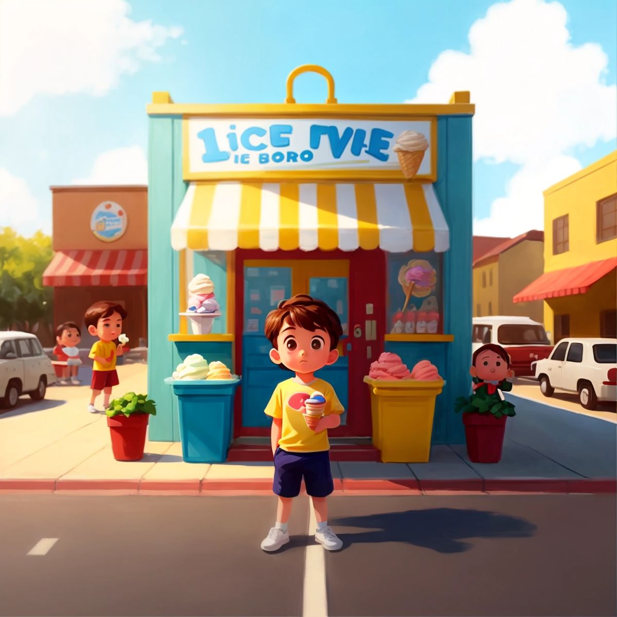 The little boy inviting his friends to the ice cream building.