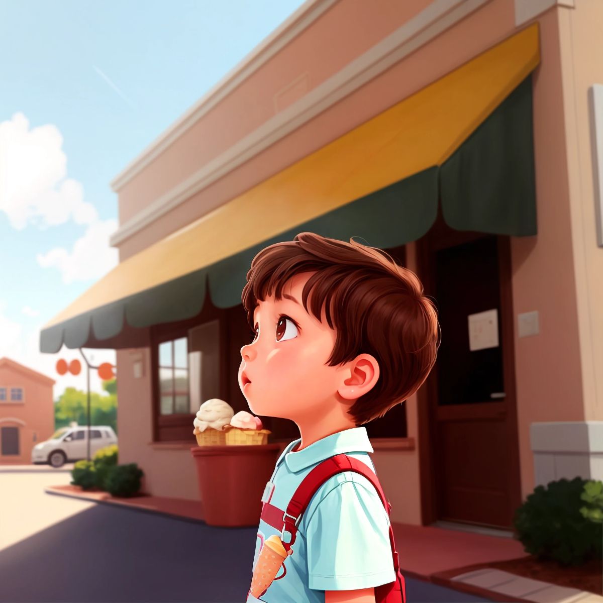 A little boy with a parched throat looking at the ice cream building.