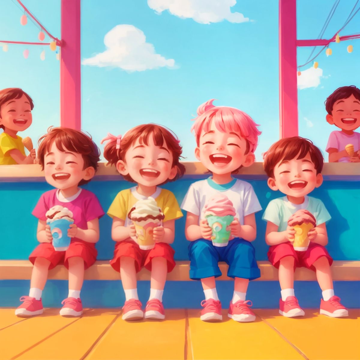 The children sharing ice cream and laughing together.