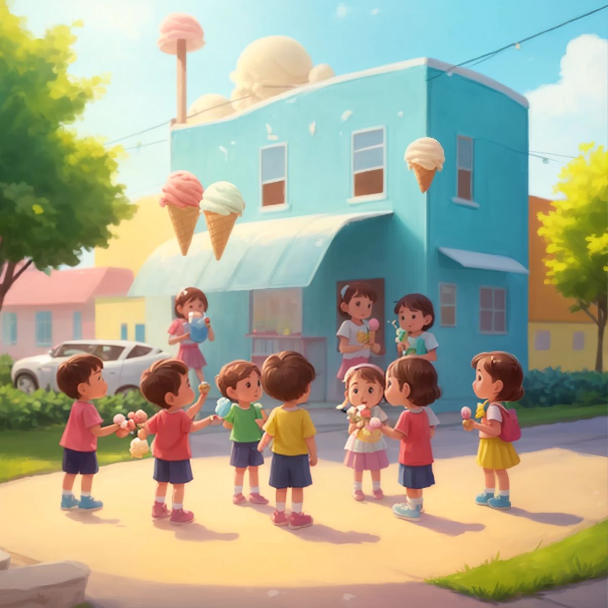 Children gathered around the ice cream building, indulging in scoops of ice cream.