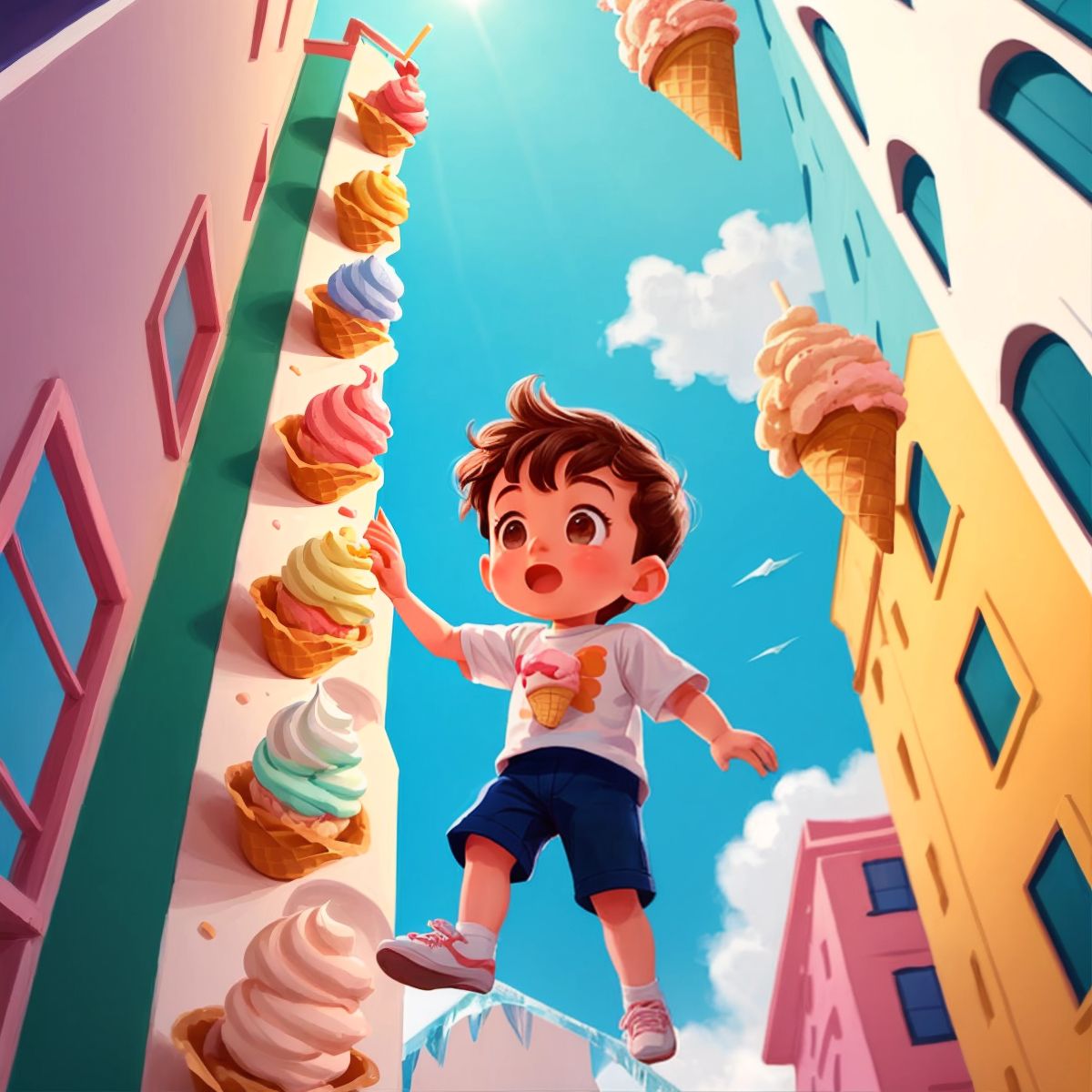 The little boy climbing the ice cream building.