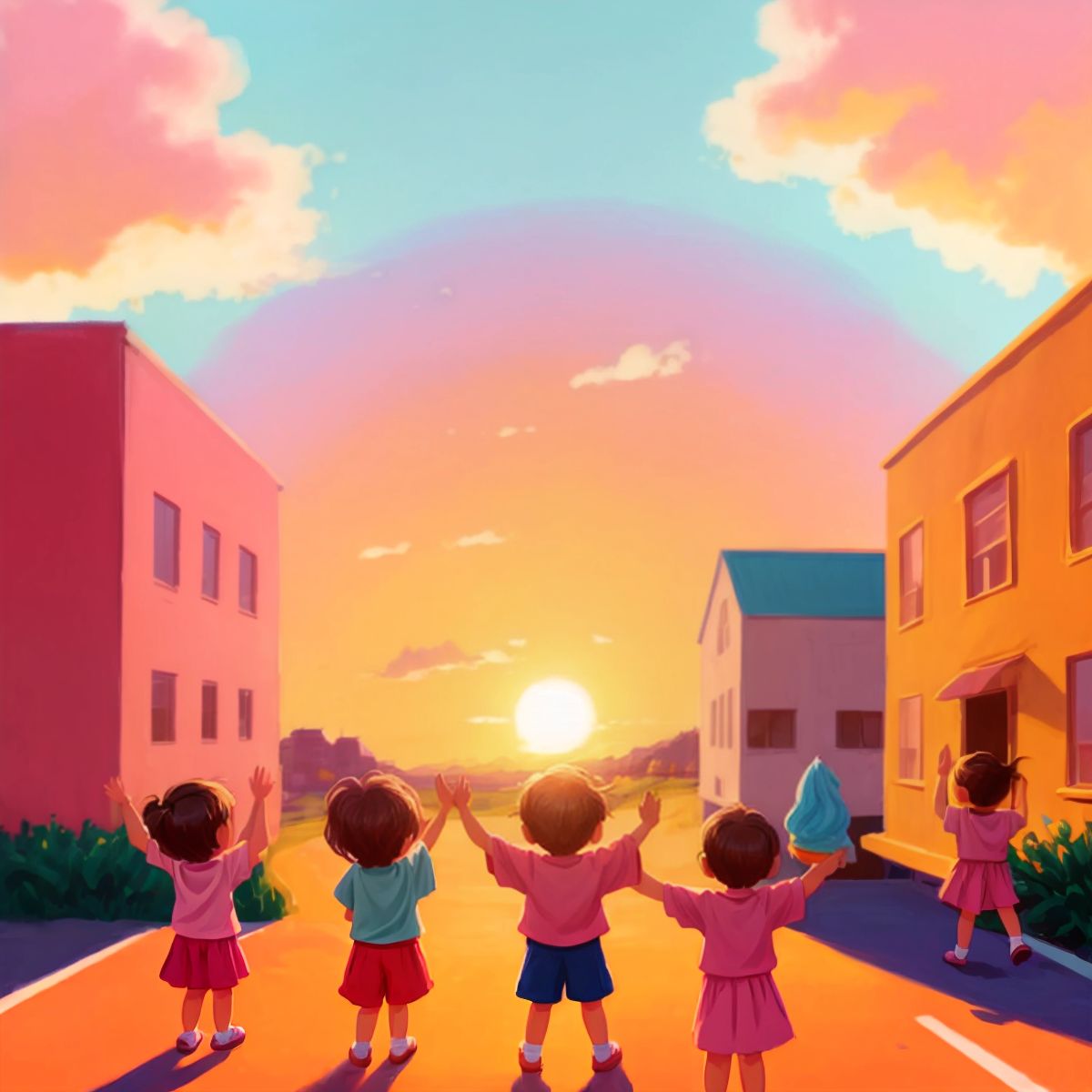 The children bidding farewell to the ice cream building as the sun sets.