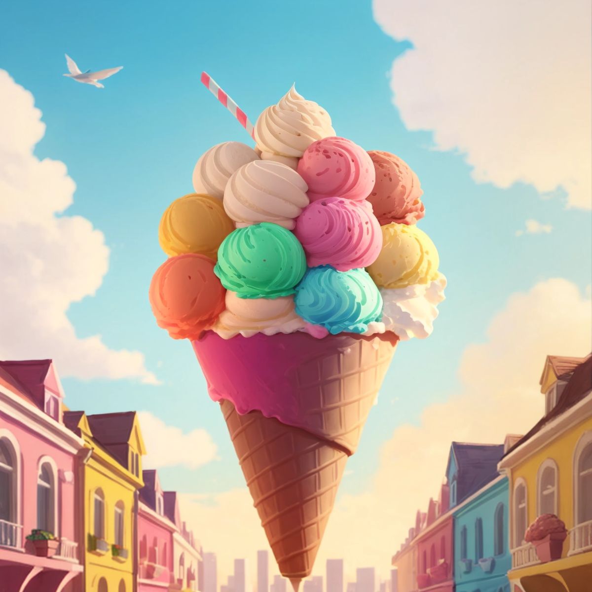 A colossal ice cream ball at the top of the building.