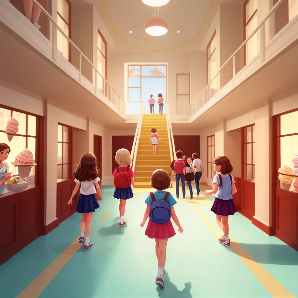 The friends exploring different floors of the ice cream building.