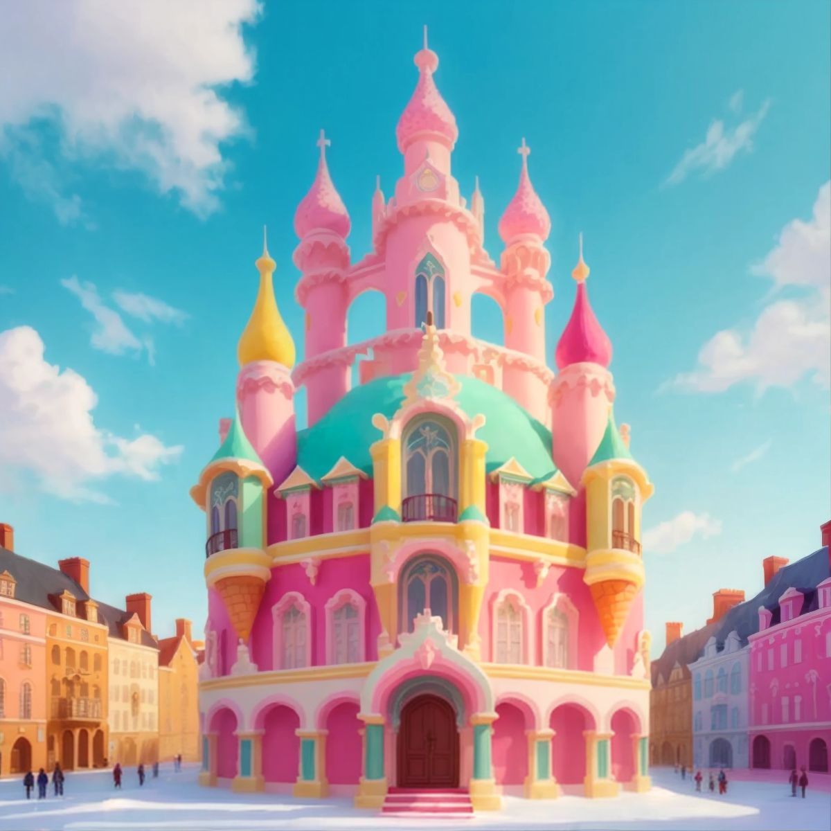 A magnificent building made entirely of ice cream with different colors and flavors on each floor.