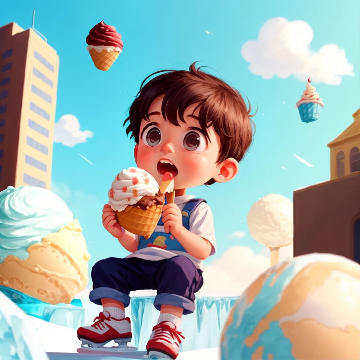 The little boy taking a big bite out of the enormous ice cream ball at the top of the building.