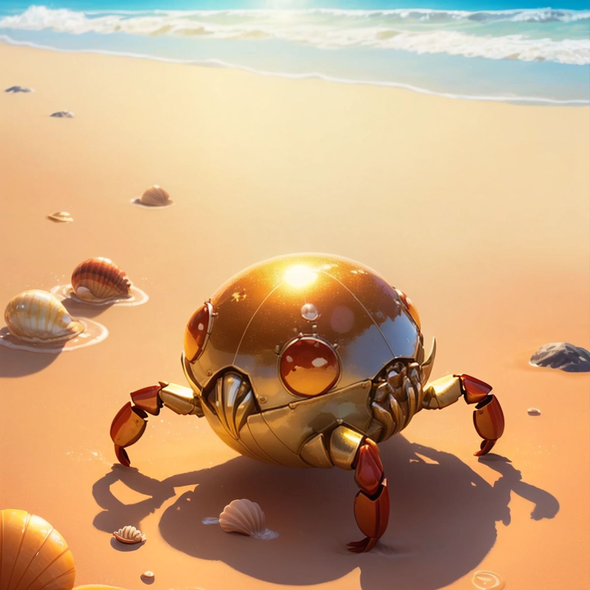 Marty, the shiny and round mud crab, exploring the sandy beach