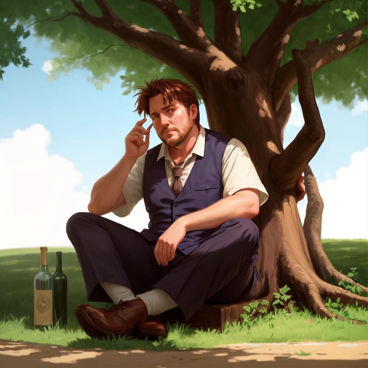 A desolate figure, a drunkard, sitting beneath a majestic tree