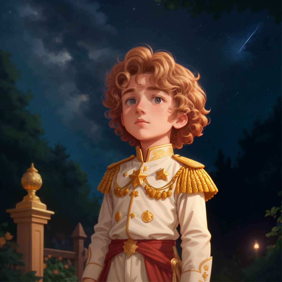 The little prince, gazing at the stars in the night sky