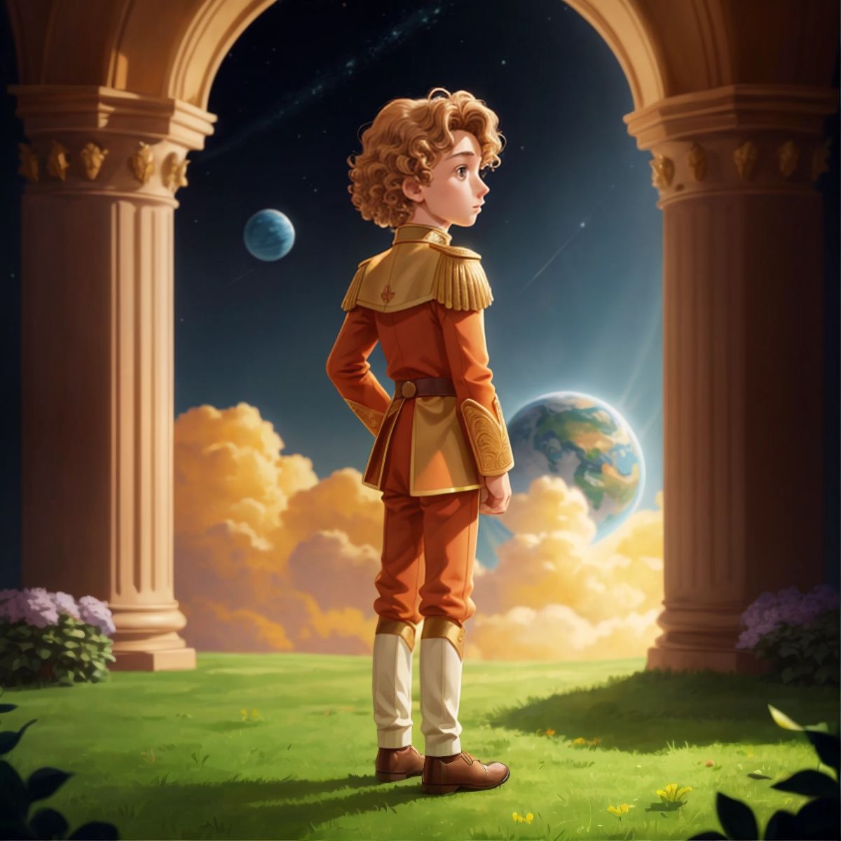 The little prince, standing alone and looking at his planet from afar