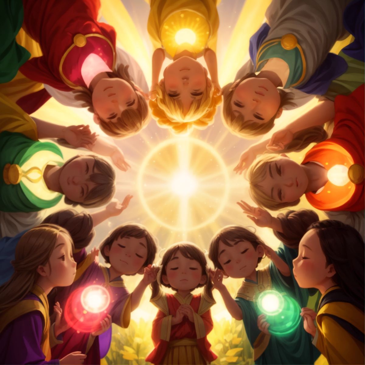 People living in harmony, with an aura of radiant light