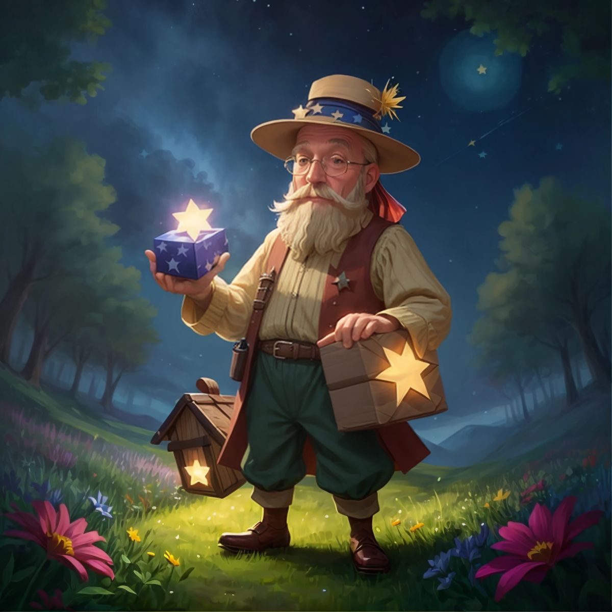 A peculiar merchant holding a box full of stars