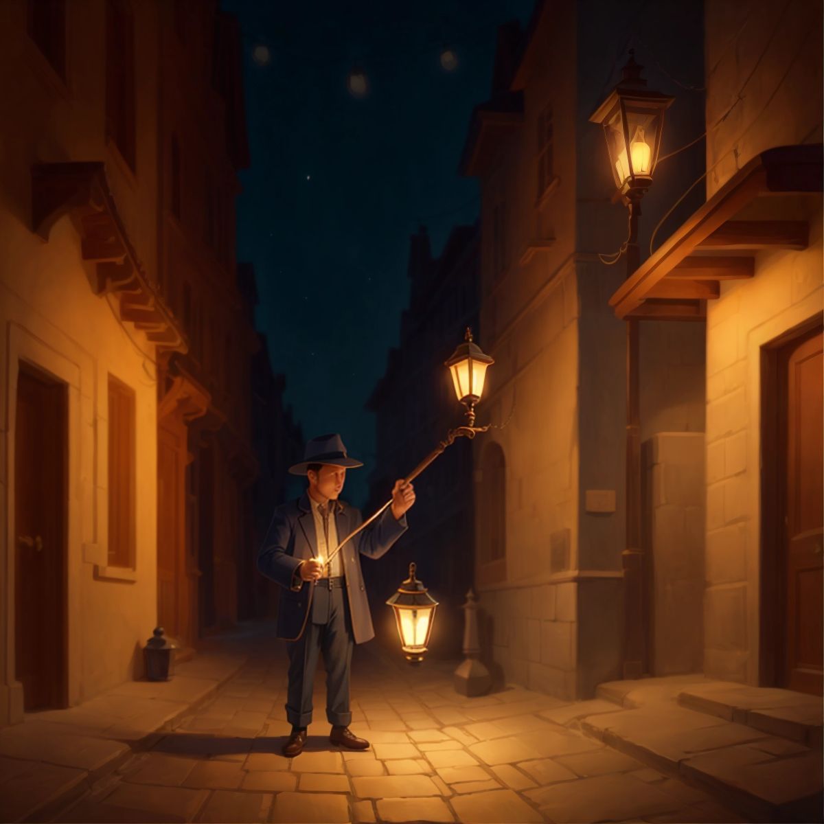 A diligent lamplighter, lighting a lamp along the path
