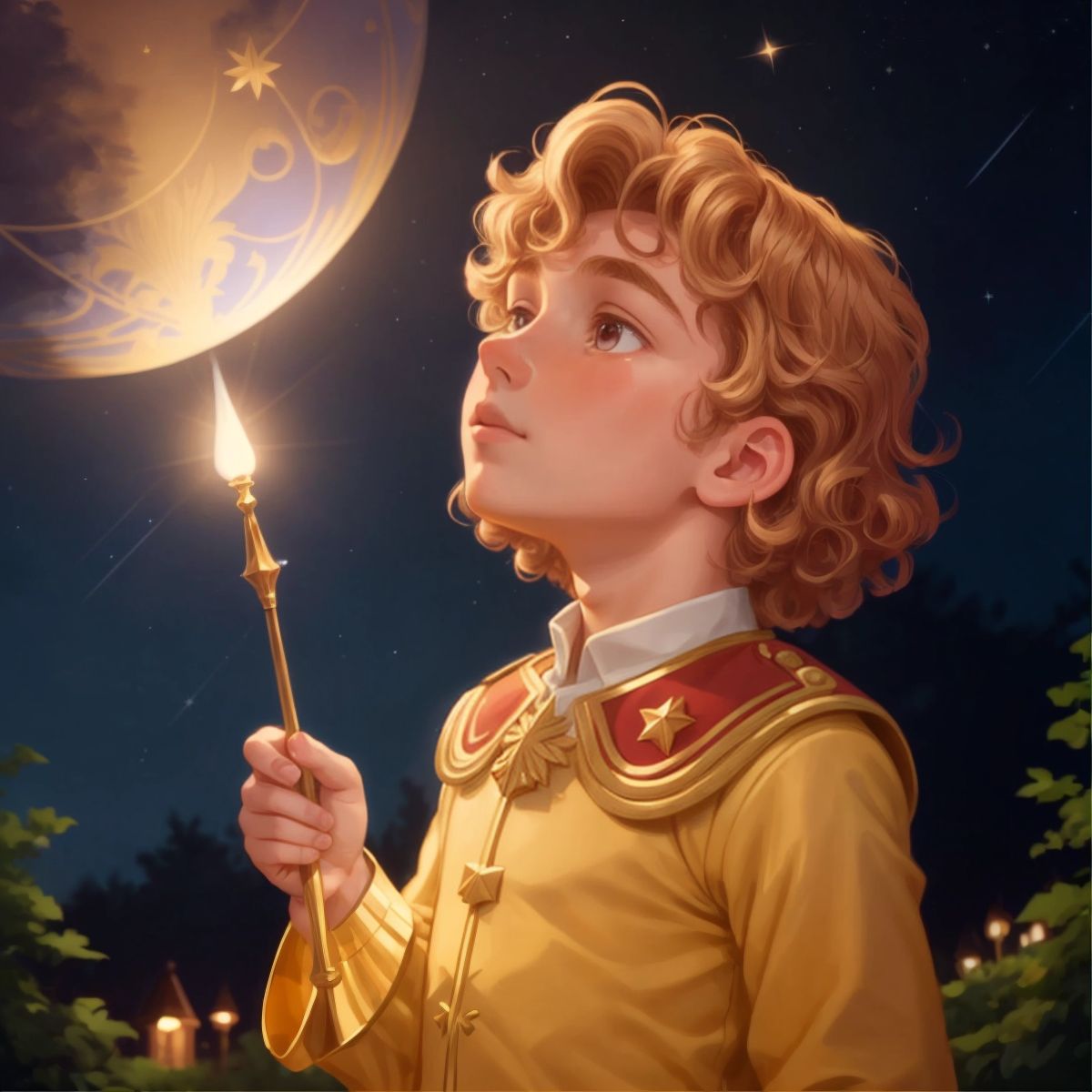 A young prince with curly golden hair, gazing up at the stars