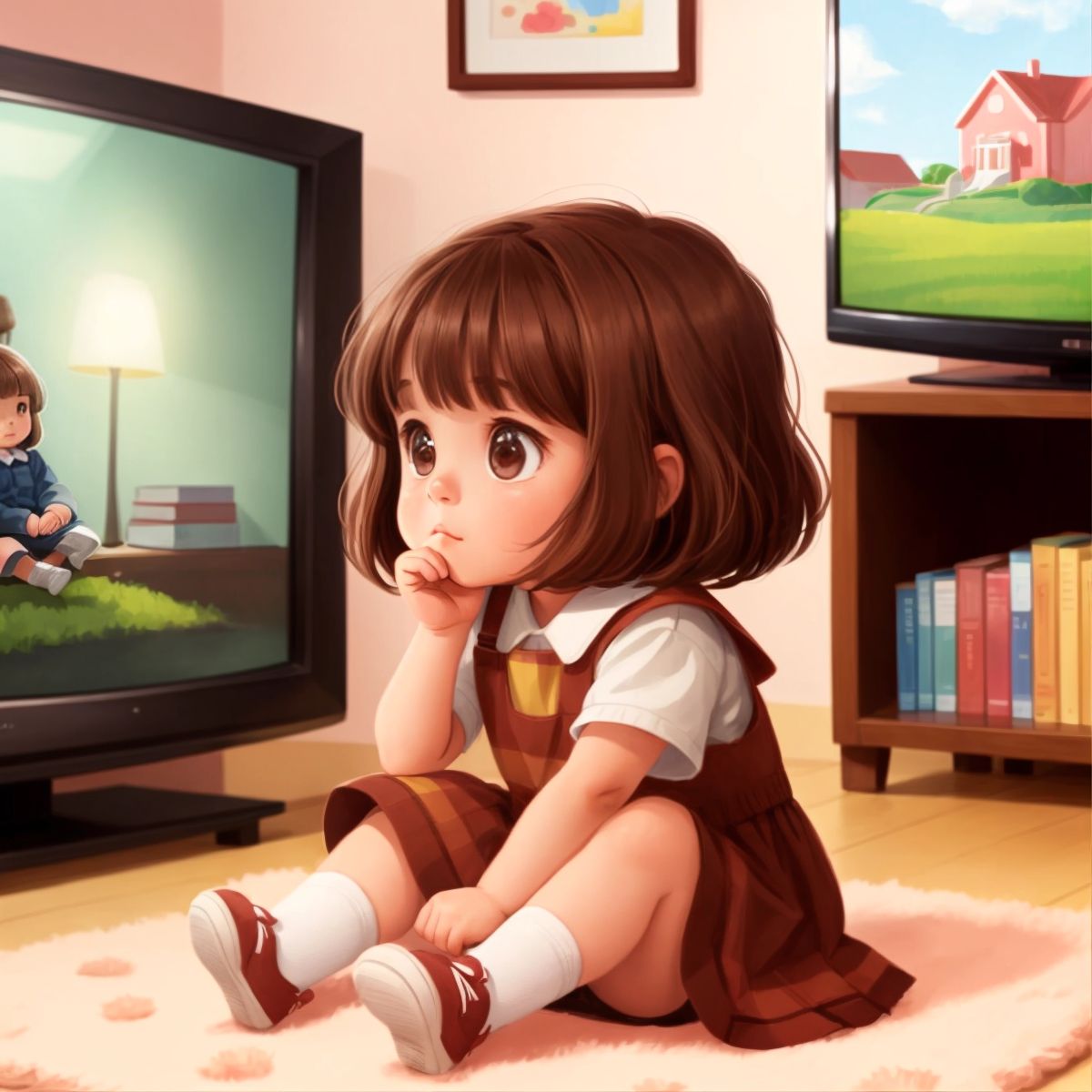 Fifi sitting in front of a TV, looking engrossed