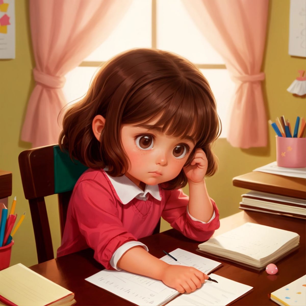 Fifi sitting at a desk, looking frustrated and upset