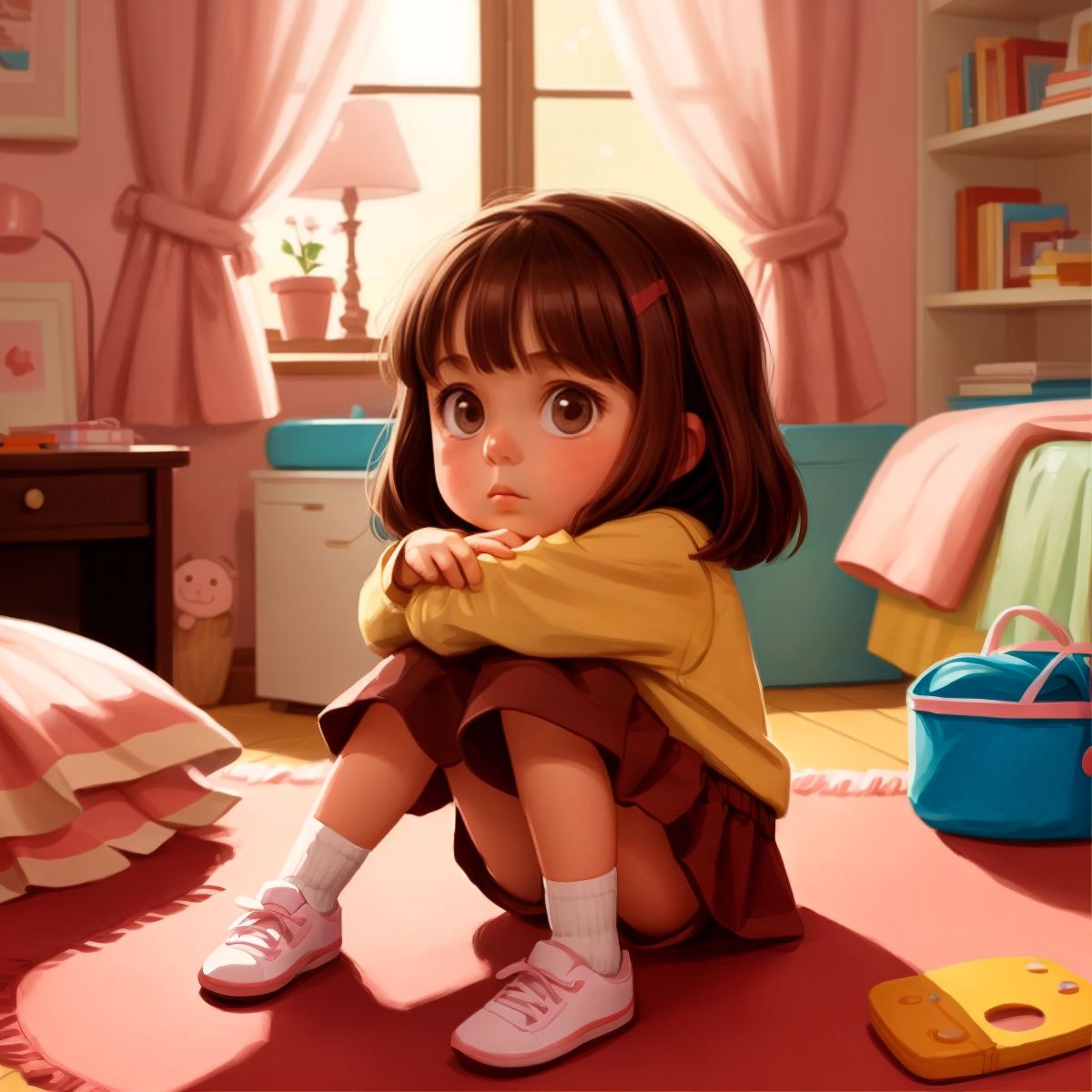 Fifi sitting alone in her room, looking thoughtful