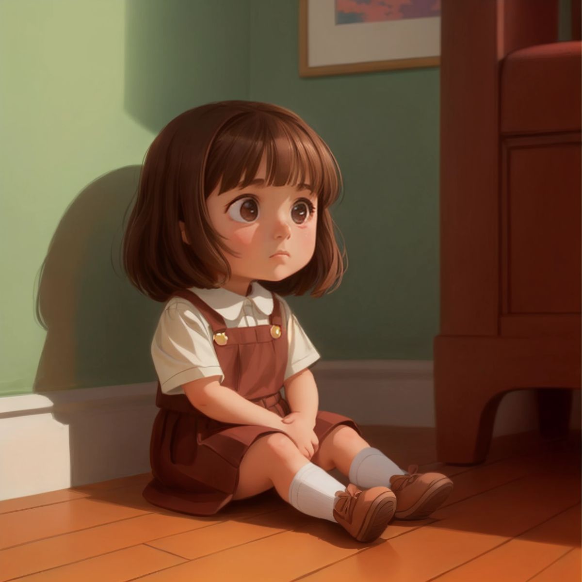 Fifi sitting alone, looking sad and regretful