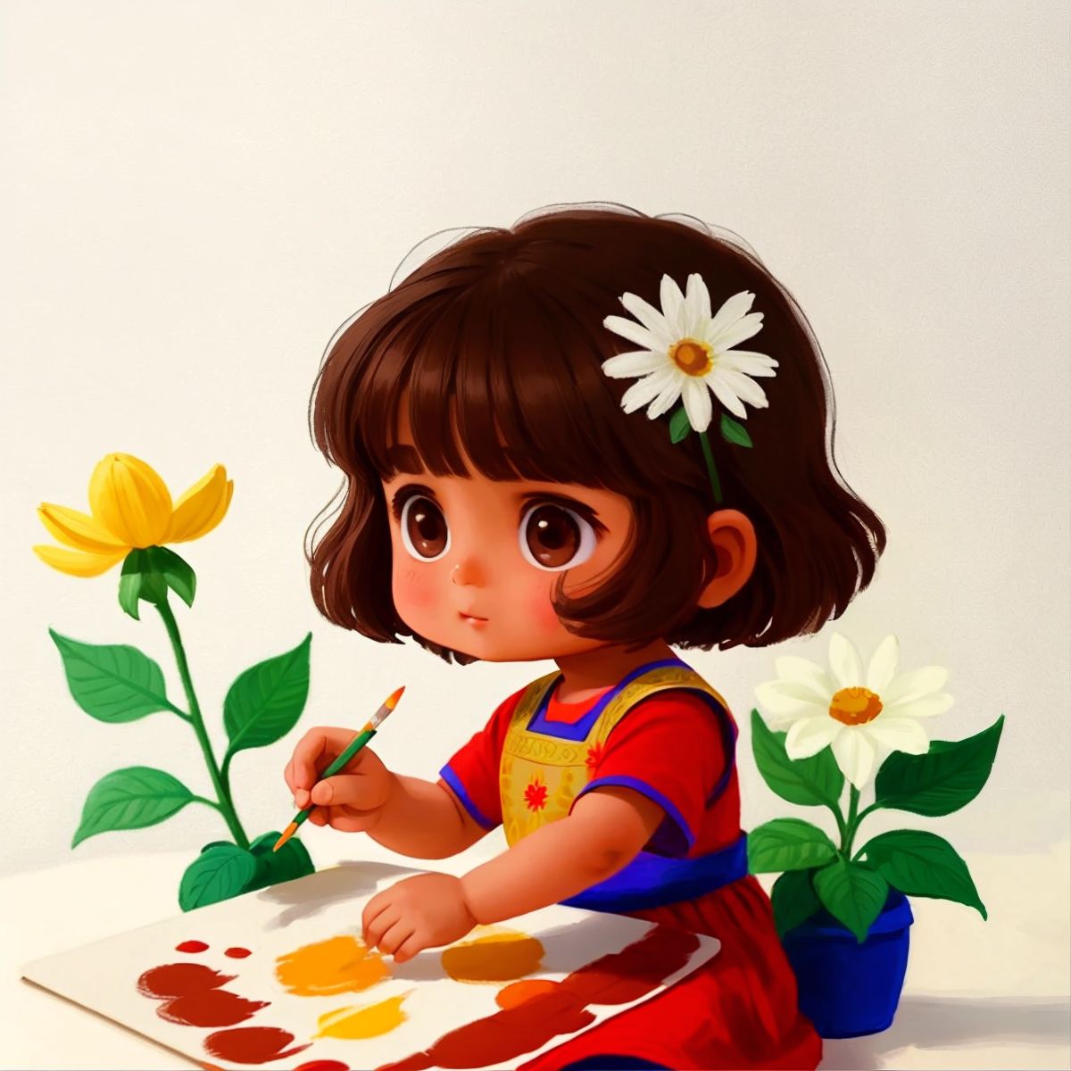 Zeinab painting flowers on a white cloth