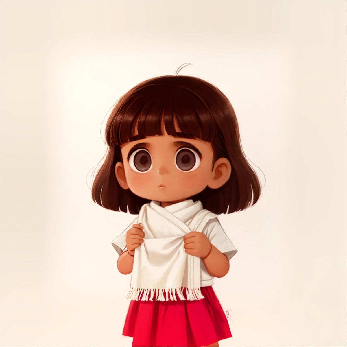 Zeinab holding a rectangular piece of white cloth