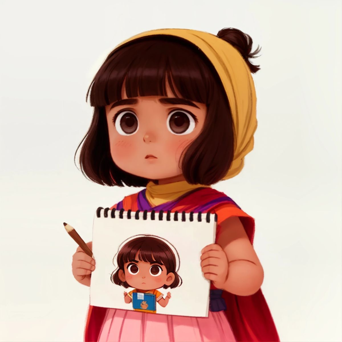 Zeinab with a determined expression on her face, holding a sketch of a hijab