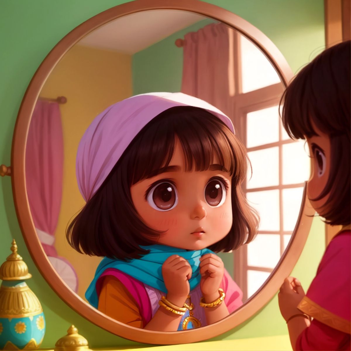 Zeinab looking at her reflection in the mirror, wearing the hijab she created