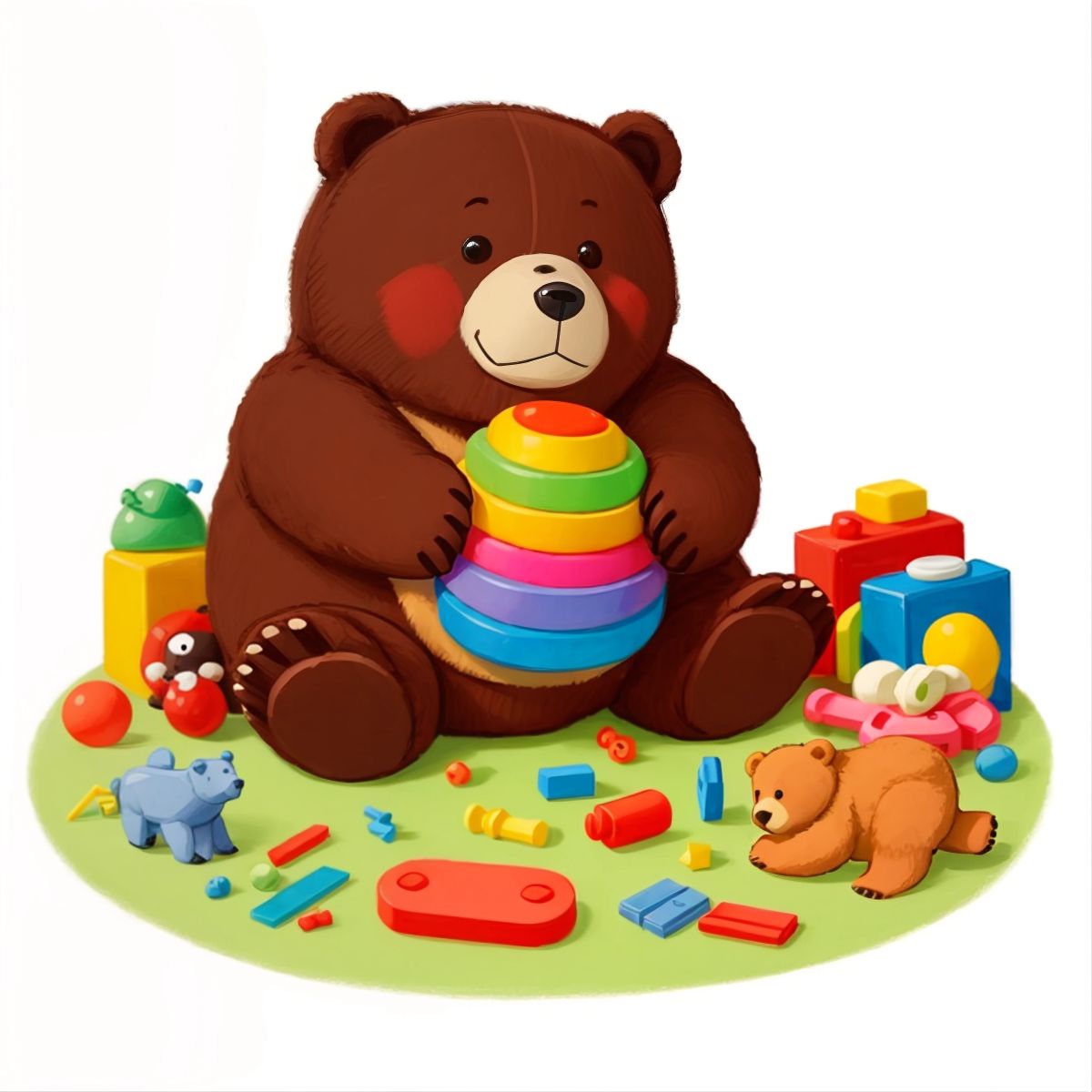 A bear playing with toys