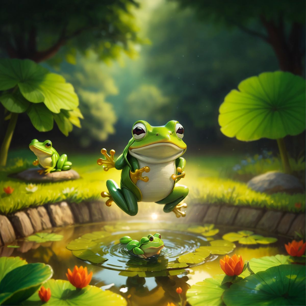 The transformed little green frog jumping around the pond