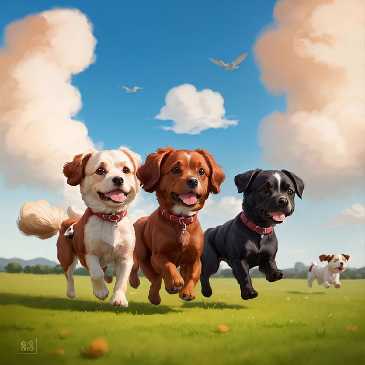 Ollie, Sky, and Bilbo running with the wind in their fur