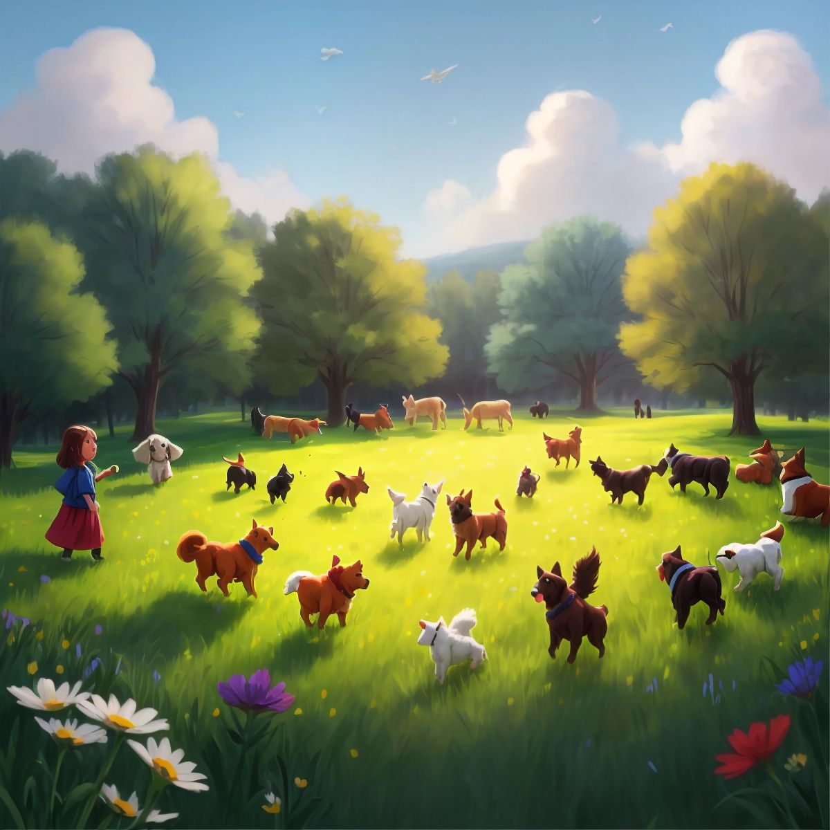 A meadow filled with dogs and humans playing together