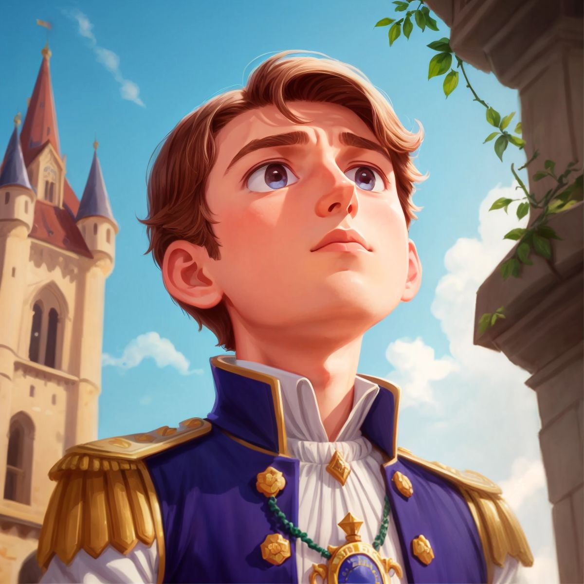 A prince looking up at a tower with a determined expression