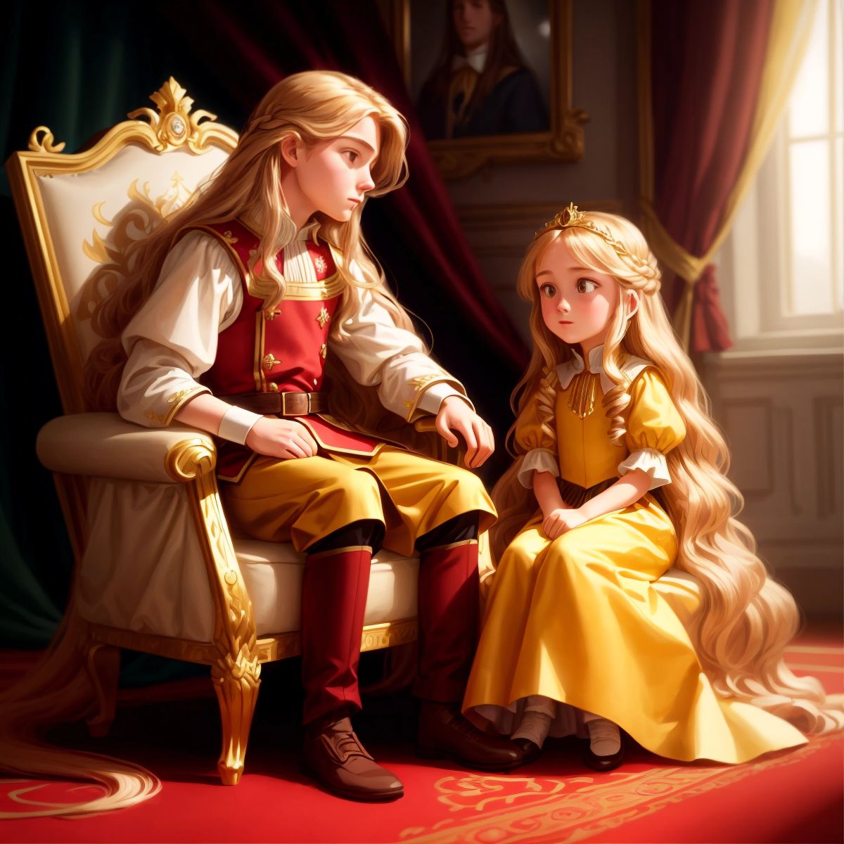 Rapunzel and the prince sitting on a throne, with Rapunzel's long hair flowing down