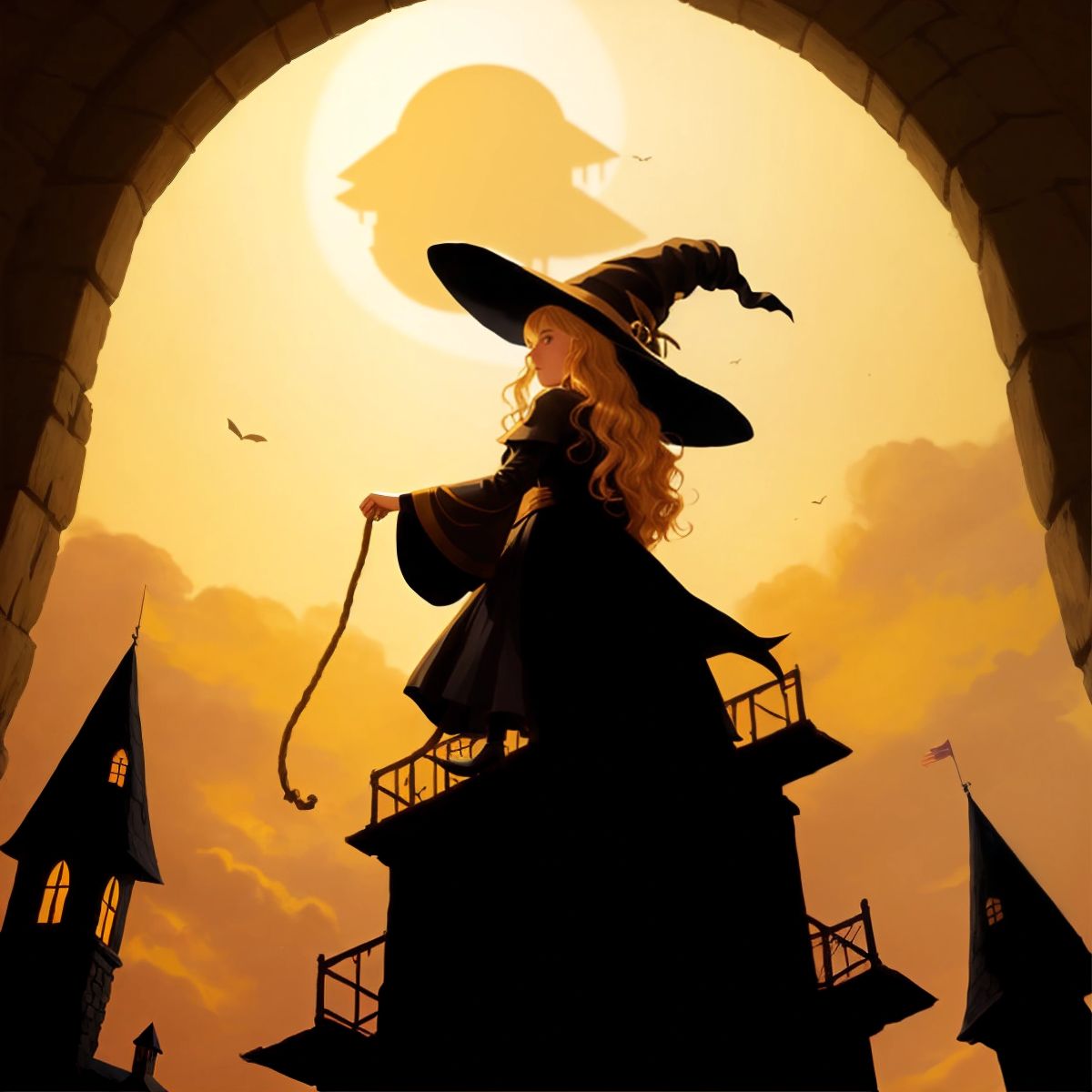 A silhouette of a witch climbing up a tower using a long, golden hair