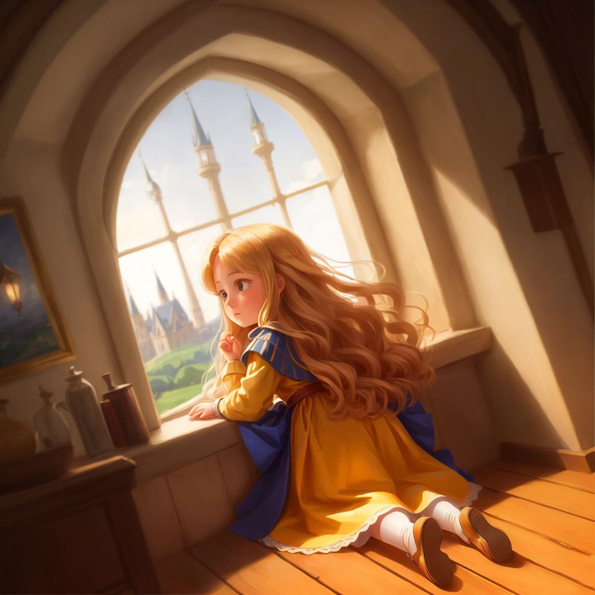 Rapunzel looking out of the tower window, her long hair flowing out of the window