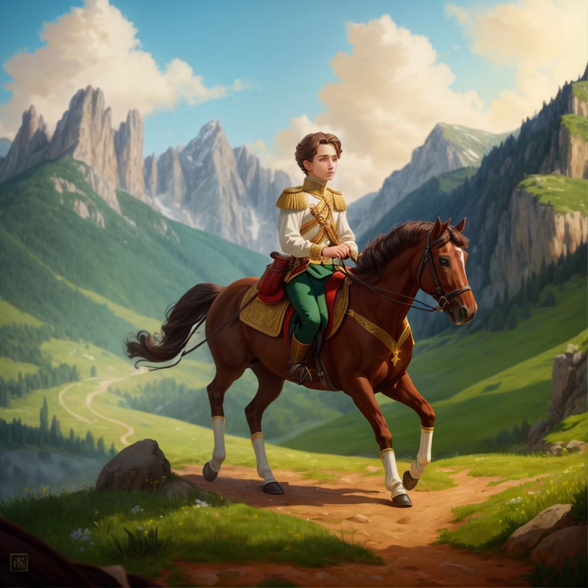 A prince on a horse, searching around a mountainous landscape