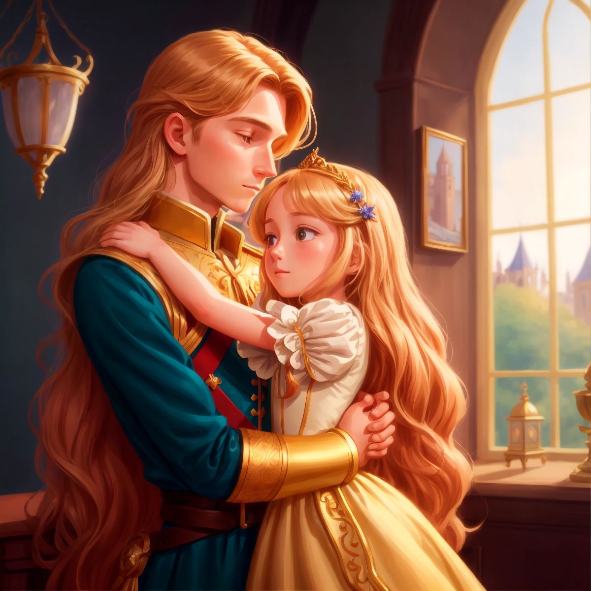 Rapunzel and the prince embracing each other in a tower
