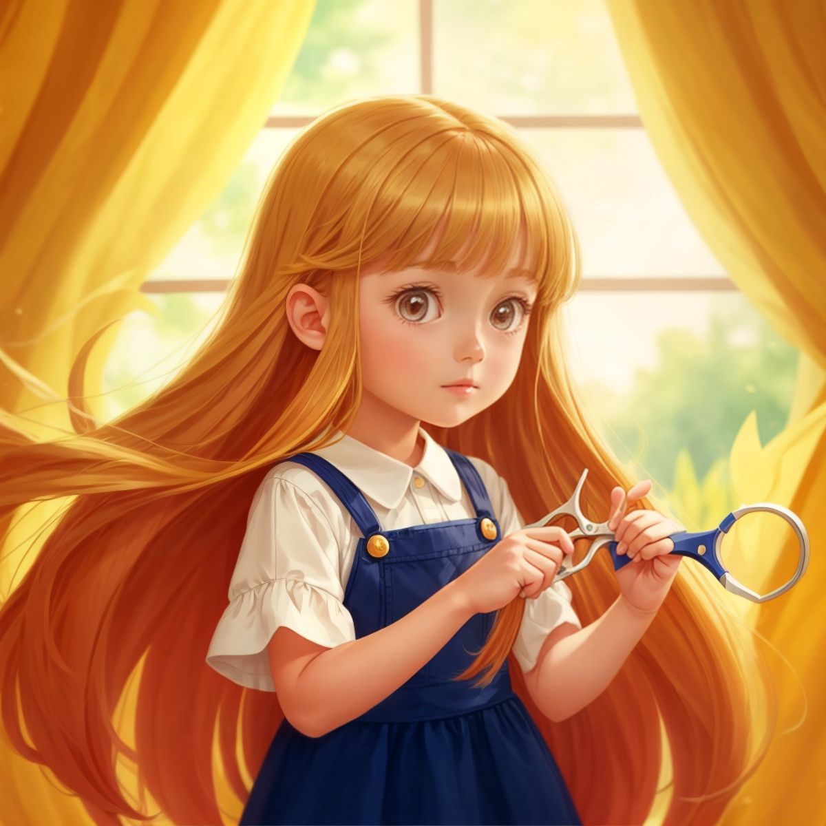 A pair of scissors cutting through a long, golden hair