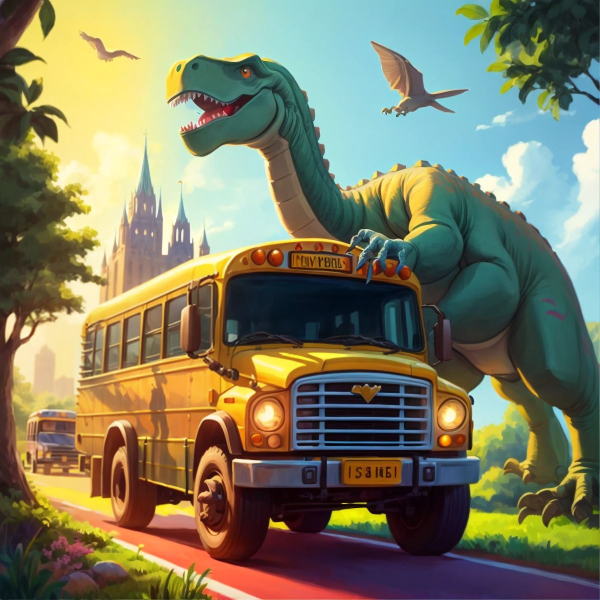 A dinosaur towering over the magic school bus