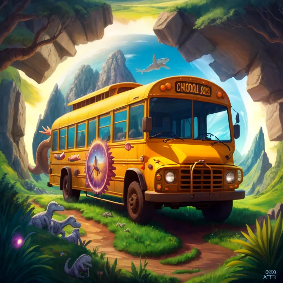 Magic school bus spinning in a vortex with a prehistoric landscape visible in the background