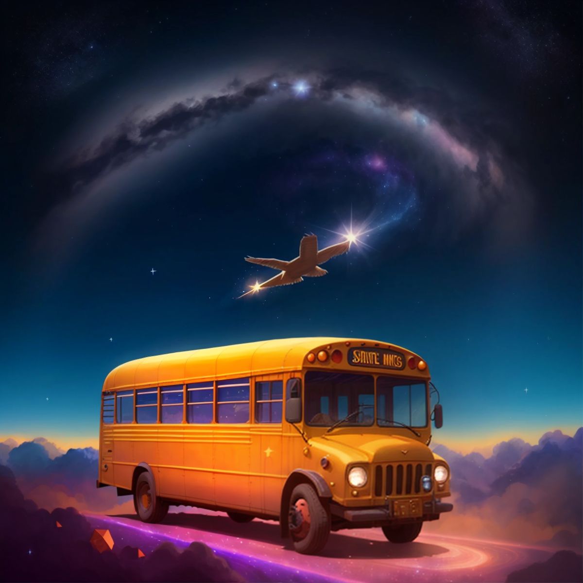 Magic school bus soaring through a starry, cosmic background