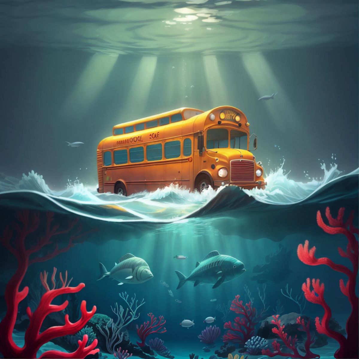 Magic school bus submerged in the ocean